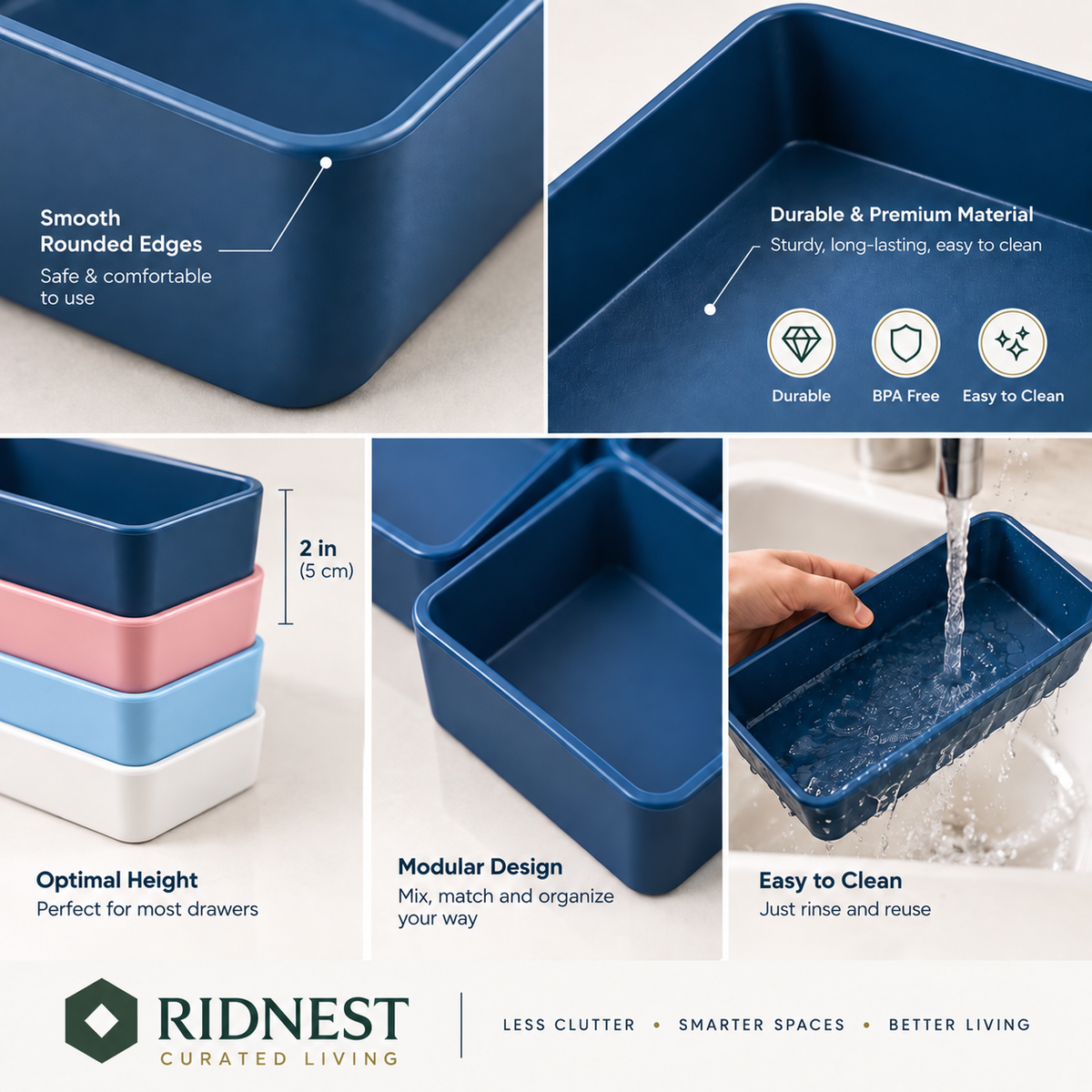 RIDNEST modular drawer organizer tray showing rounded edges, durable material, modular design, easy-clean surface and compact drawer-friendly height