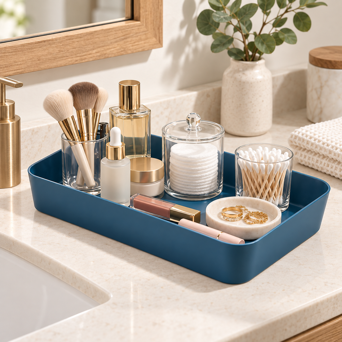 Navy blue RIDNEST modular organizer tray holding cosmetics, makeup brushes, cotton pads, jewelry and bathroom essentials on a vanity