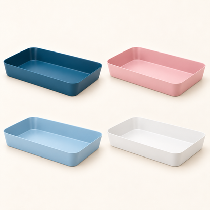 Modular drawer organizer trays in navy blue, pink, sky blue and white color options