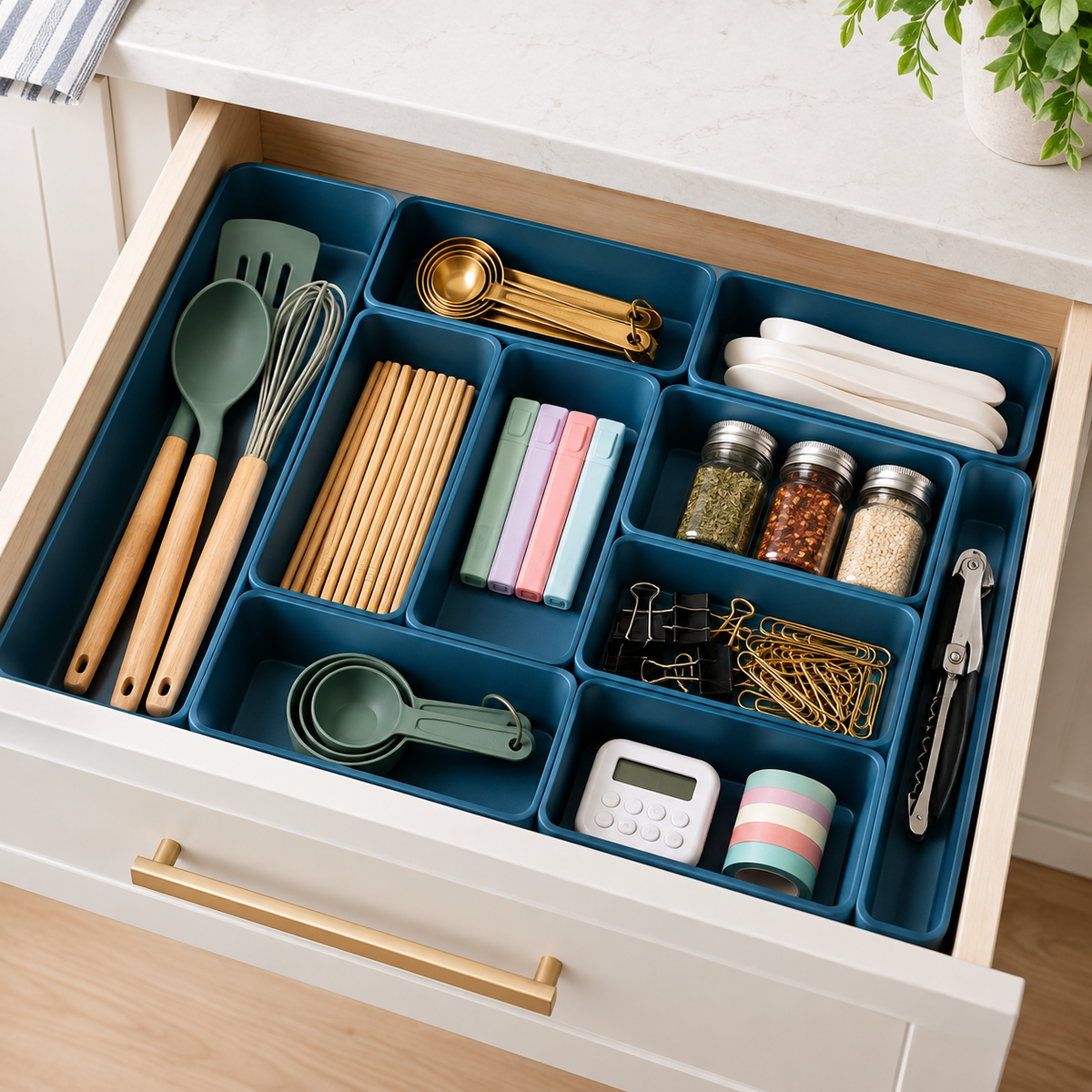Modular drawer organizer trays neatly organizing utensils and small kitchen essentials inside a clean kitchen drawer