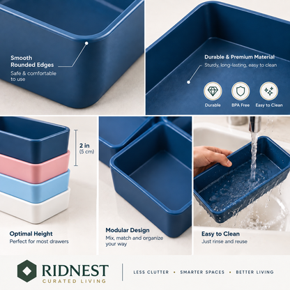 RIDNEST modular drawer organizer tray showing rounded edges, durable material, modular design, easy-clean surface and compact drawer-friendly height