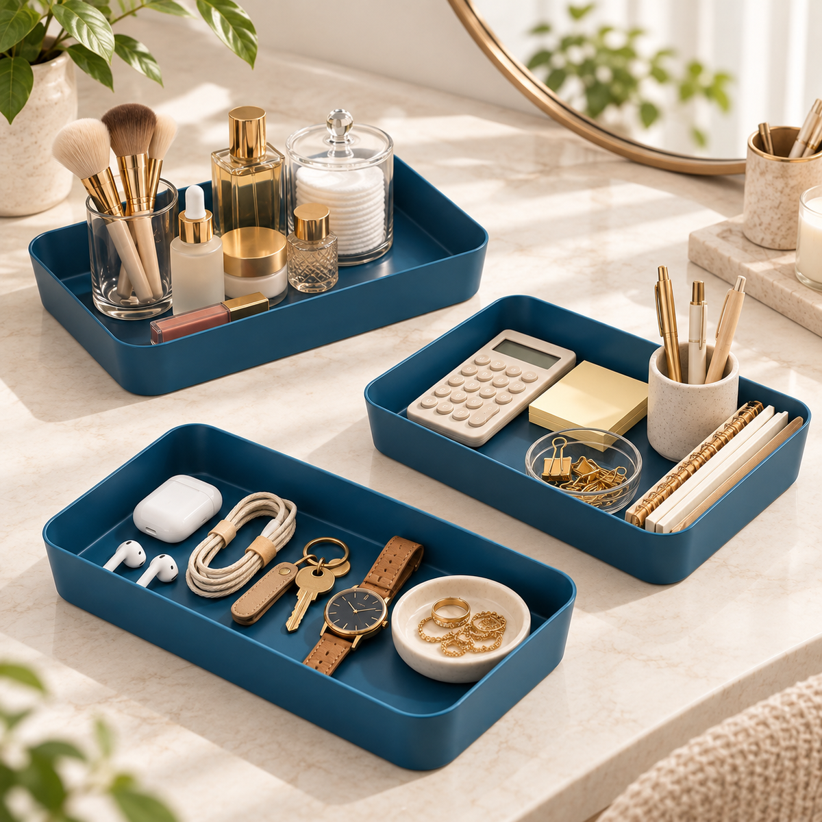 Navy blue modular organizer trays holding cosmetics, desk supplies, electronics and small everyday essentials