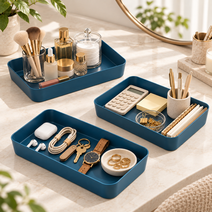 Navy blue modular organizer trays holding cosmetics, desk supplies, electronics and small everyday essentials
