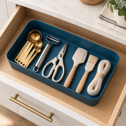 Navy blue modular drawer organizer tray holding kitchen utensils and small essentials inside a clean kitchen drawer